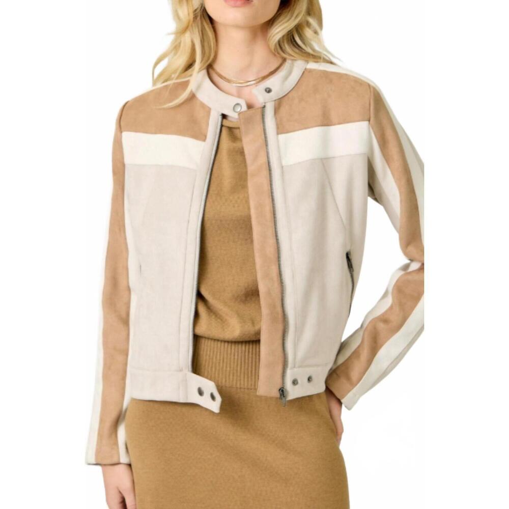 NEW MYSTREE women's color blocked moto jacket in ivory combo